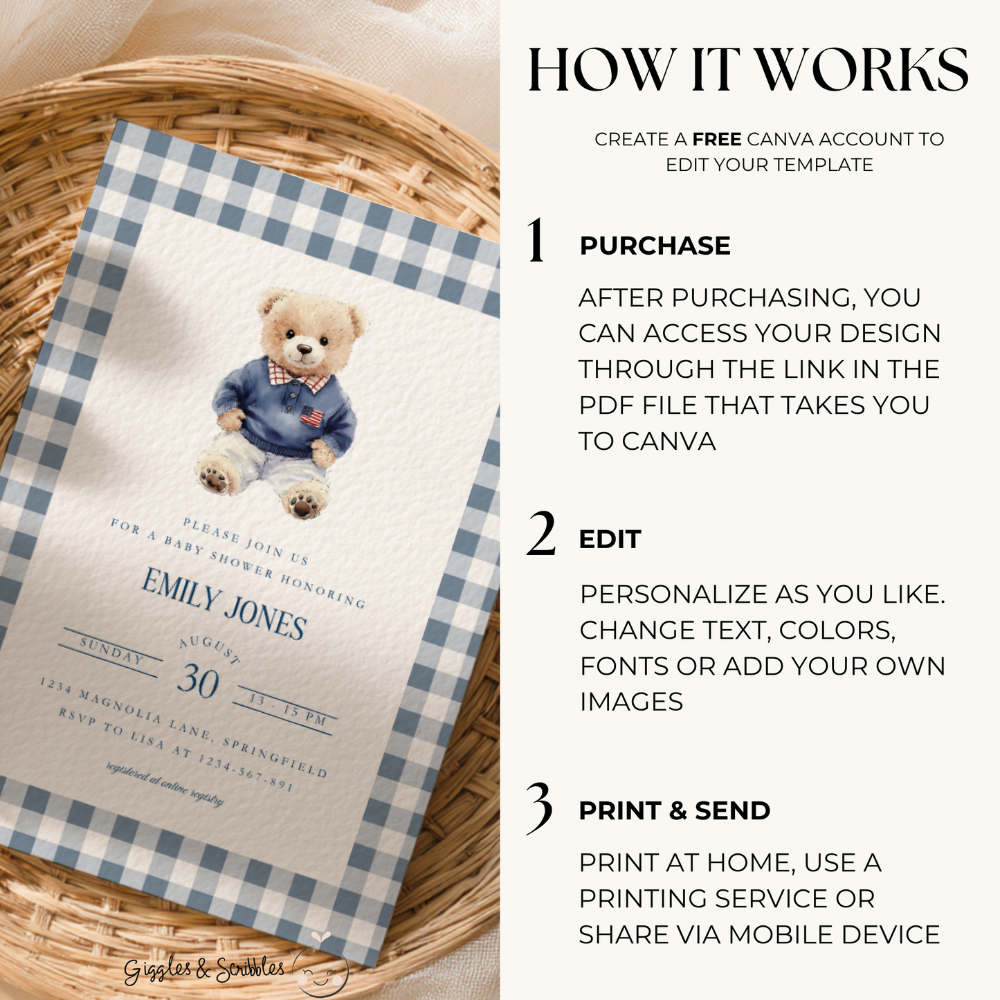 Baby Shower Invitation - Polo Bear Plaid Template in Vintage Ralph Lauren Style BS220