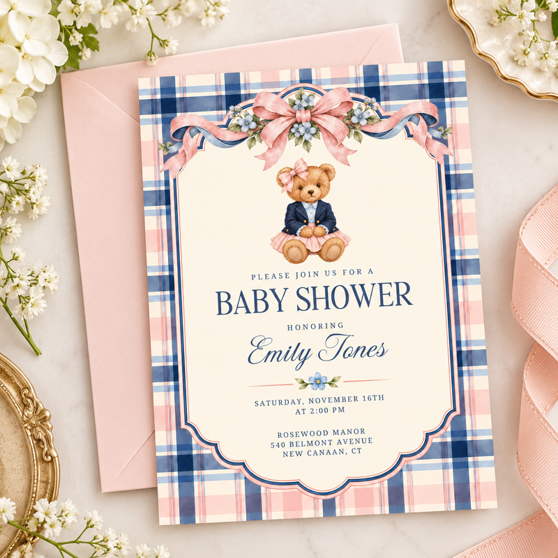 Preppy Polo Bear Girl Baby Shower Invitation BS341