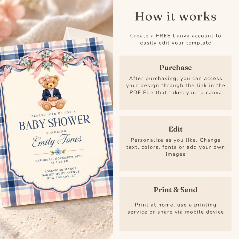 Preppy Polo Bear Girl Baby Shower Invitation BS341