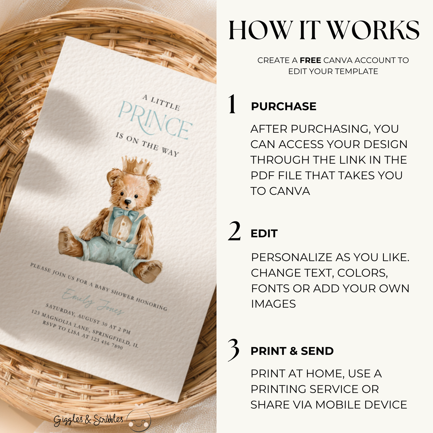 Little Prince Teddy Bear Baby Shower Invitation BS294