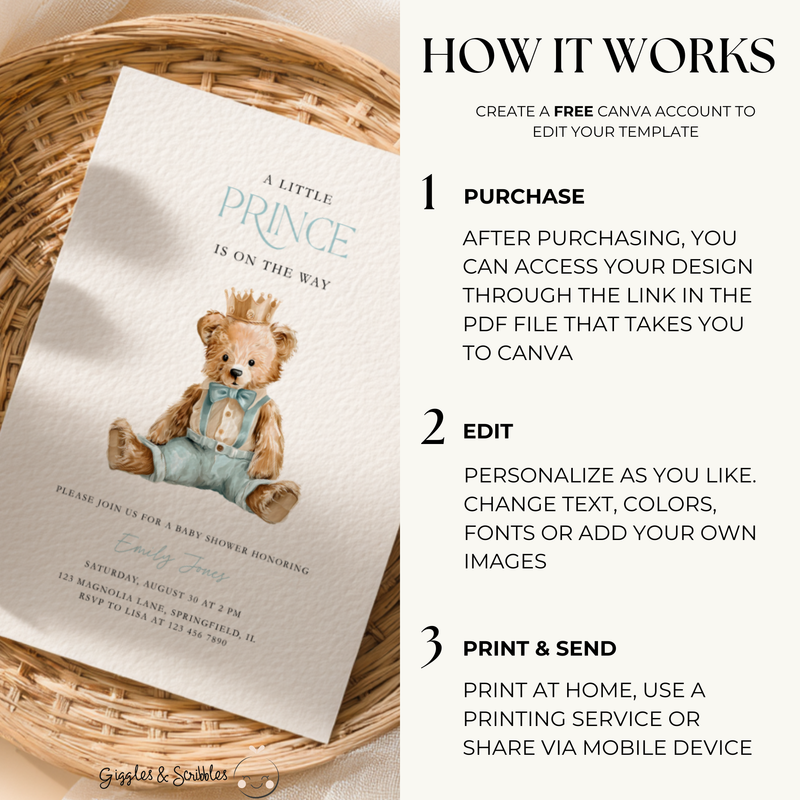 Little Prince Teddy Bear Baby Shower Invitation BS294