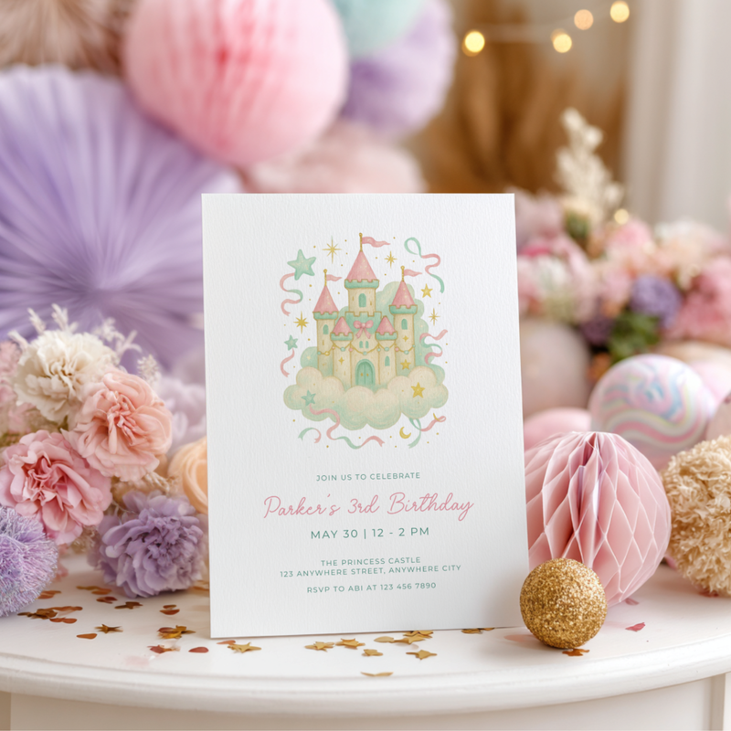 Preppy Princess Castle Birthday Invitation L118