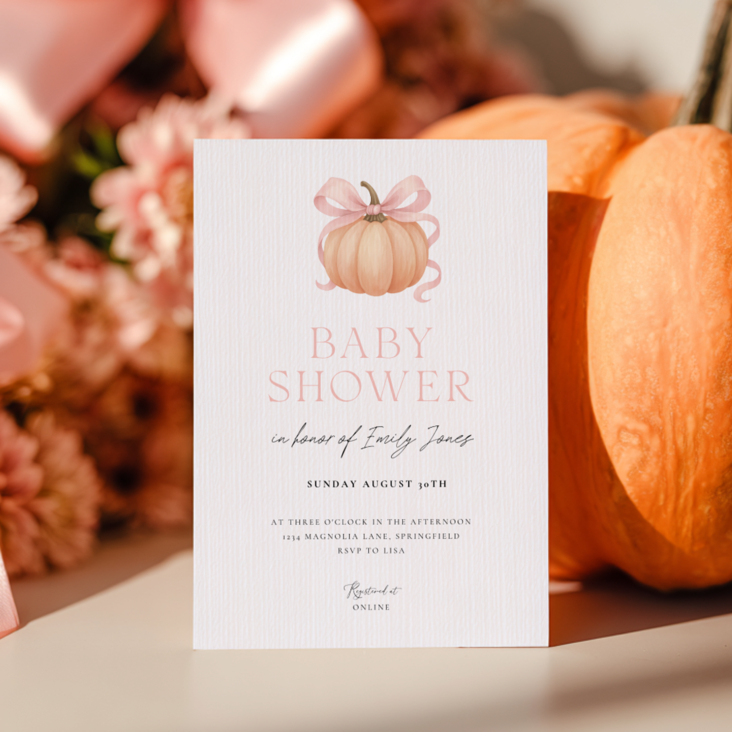 Baby Shower Invitation - Little Pumpkin with Bow BS189