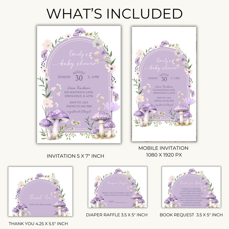 Baby Shower Invitation Bundle - Purple Mushroom Woodland Forest BS82