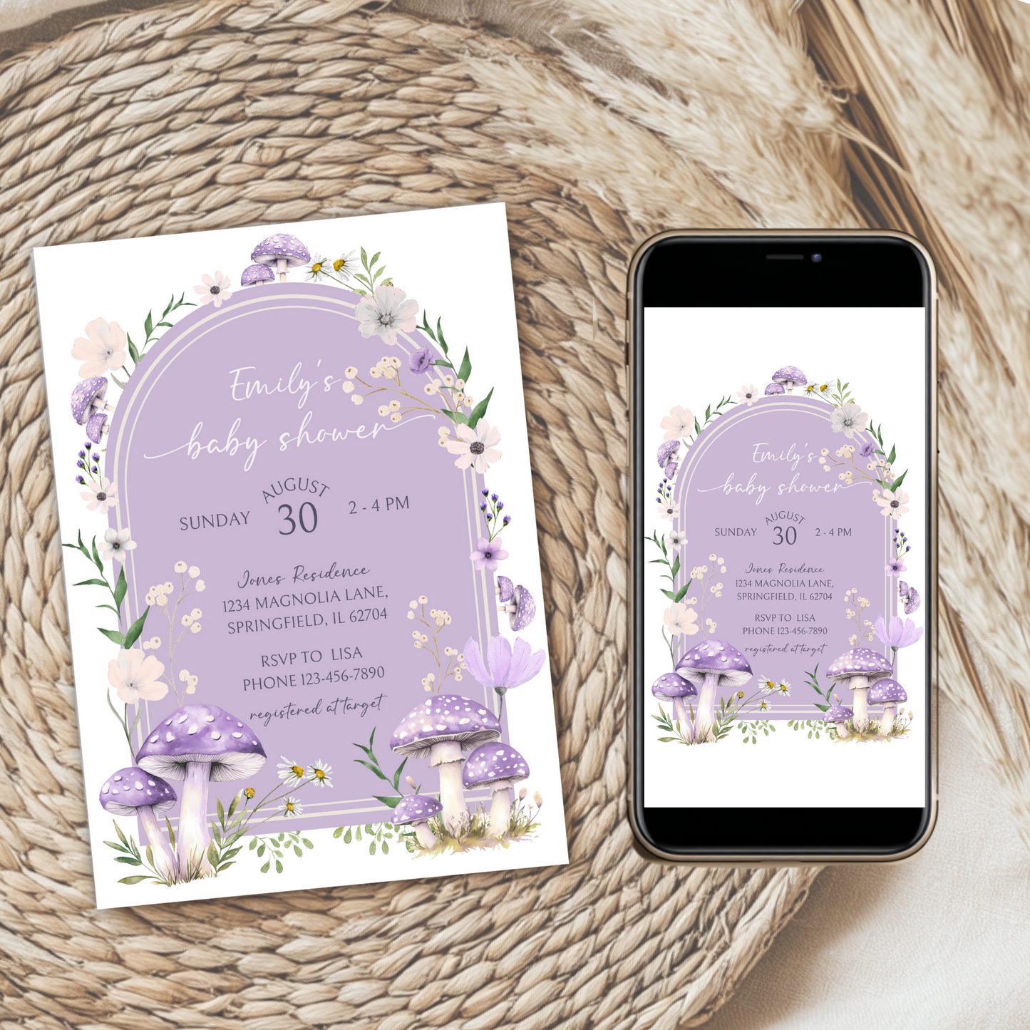 Baby Shower Invitation Bundle - Purple Mushroom Woodland Forest BS82