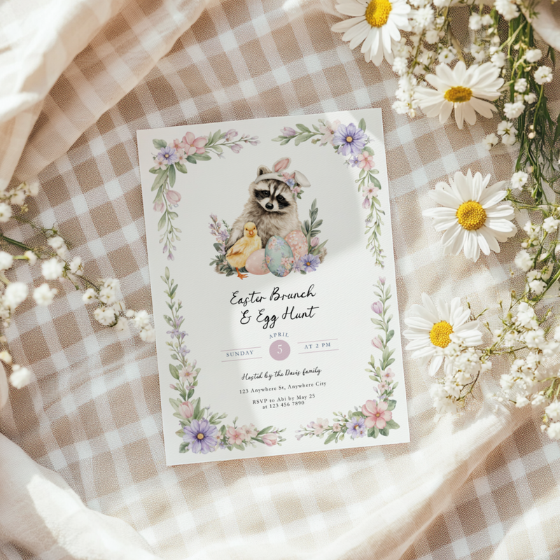 Easter Brunch & Egg Hunt Invitation with Raccoon and Chick L105