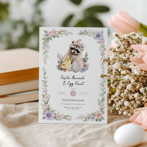 Easter Brunch & Egg Hunt Invitation with Raccoon and Chick L105