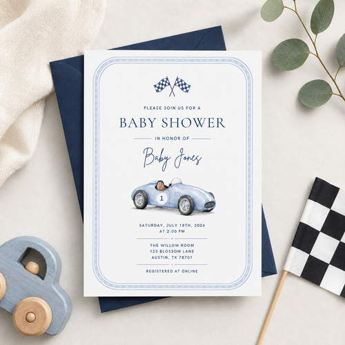 Vintage Race Car Baby Shower Invitation BS320