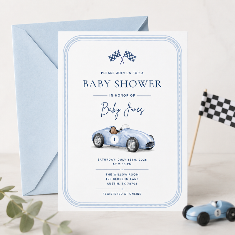 Vintage Race Car Baby Shower Invitation BS320