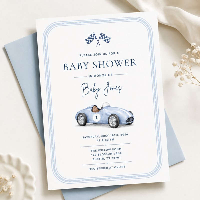 Vintage Race Car Baby Shower Invitation BS320