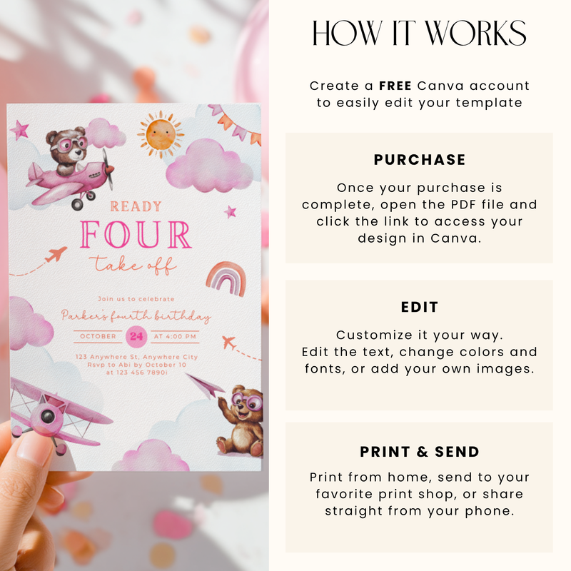 Ready Four Take Off 4th Birthday Invitation Girl L71