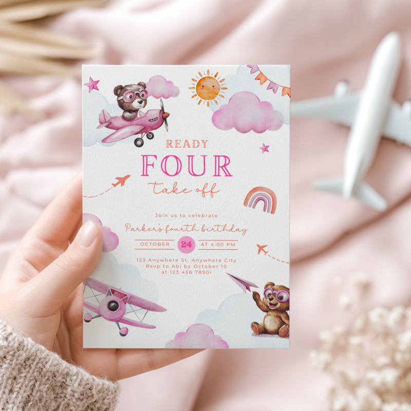 Ready Four Take Off 4th Birthday Invitation Girl L71