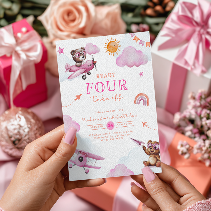 Ready Four Take Off 4th Birthday Invitation Girl L71