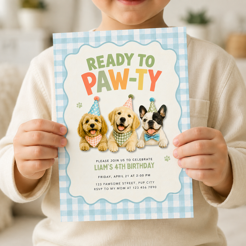 Ready to Paw-ty Puppy Dog Birthday Invitation Boy L166