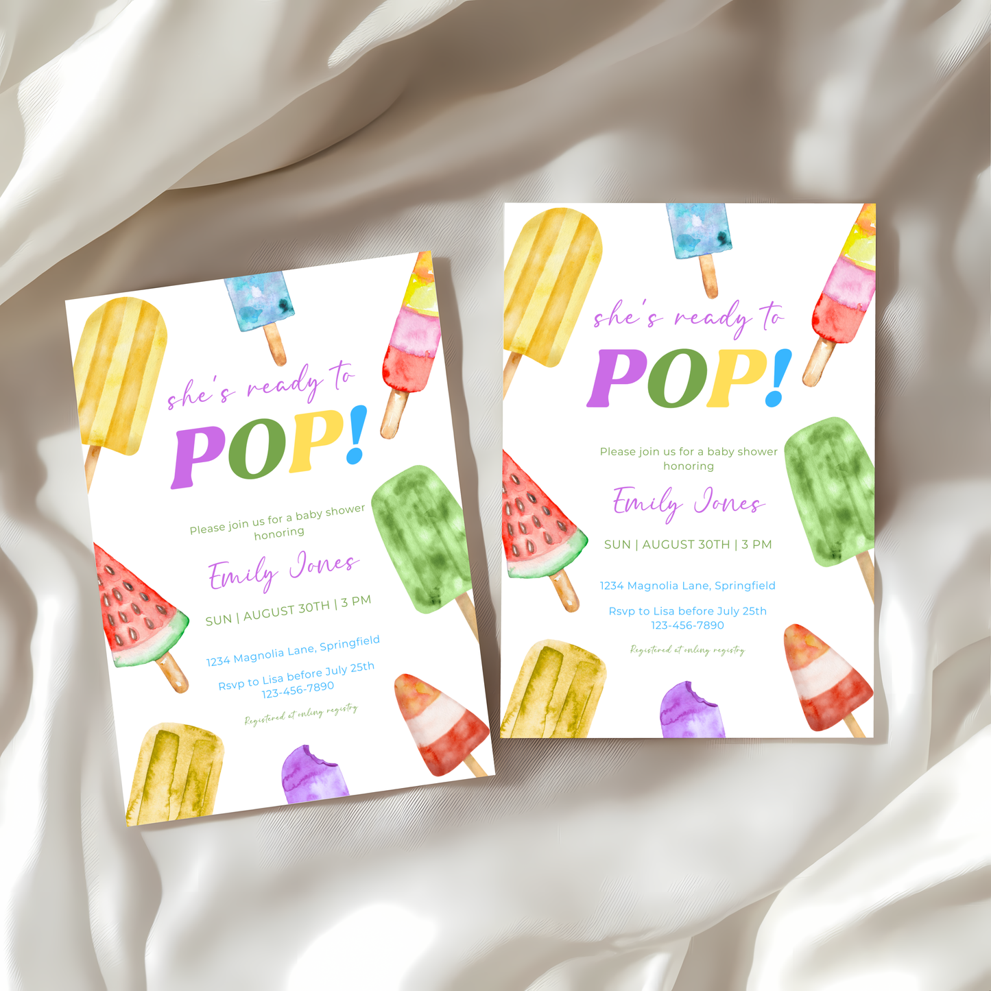 Baby Shower Invitation - She's Ready To Pop Colorful Ice Popsicles BS143
