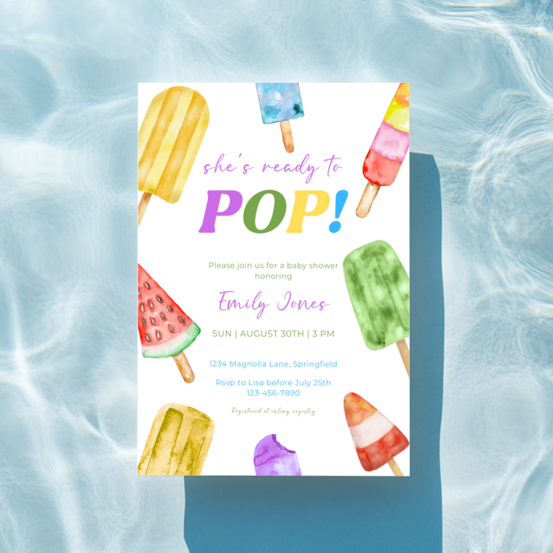 Baby Shower Invitation - She's Ready To Pop Colorful Ice Popsicles BS143