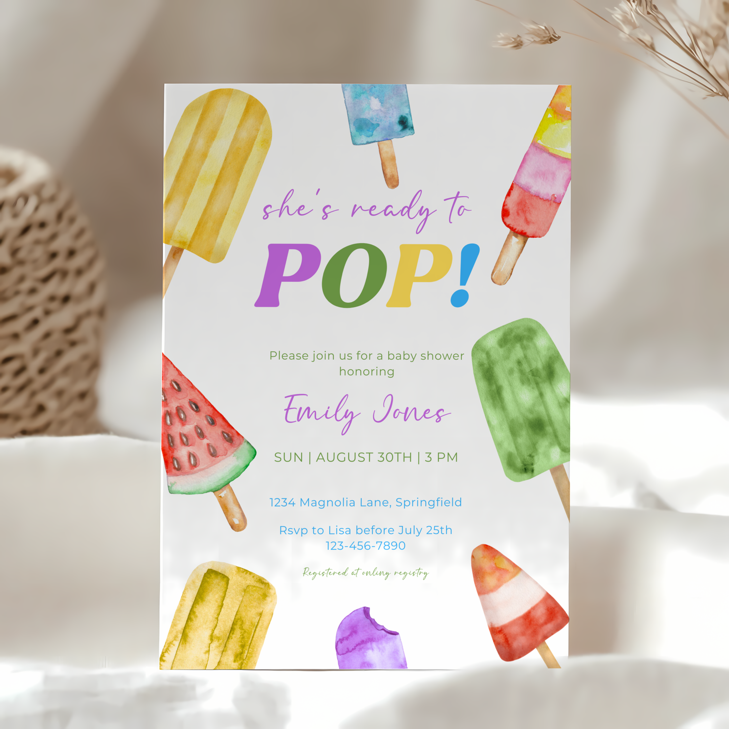 Baby Shower Invitation - She's Ready To Pop Colorful Ice Popsicles BS143