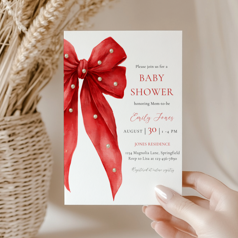 Baby Shower Invitation - Red Bow with Pearls BS240