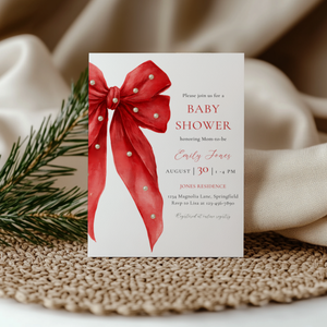 Baby Shower Invitation - Red Bow with Pearls BS240