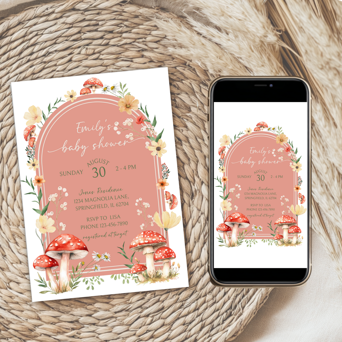 Baby Shower Invitation Bundle - Red Mushroom Little Fungi Enchanted Woodland Forest BS82