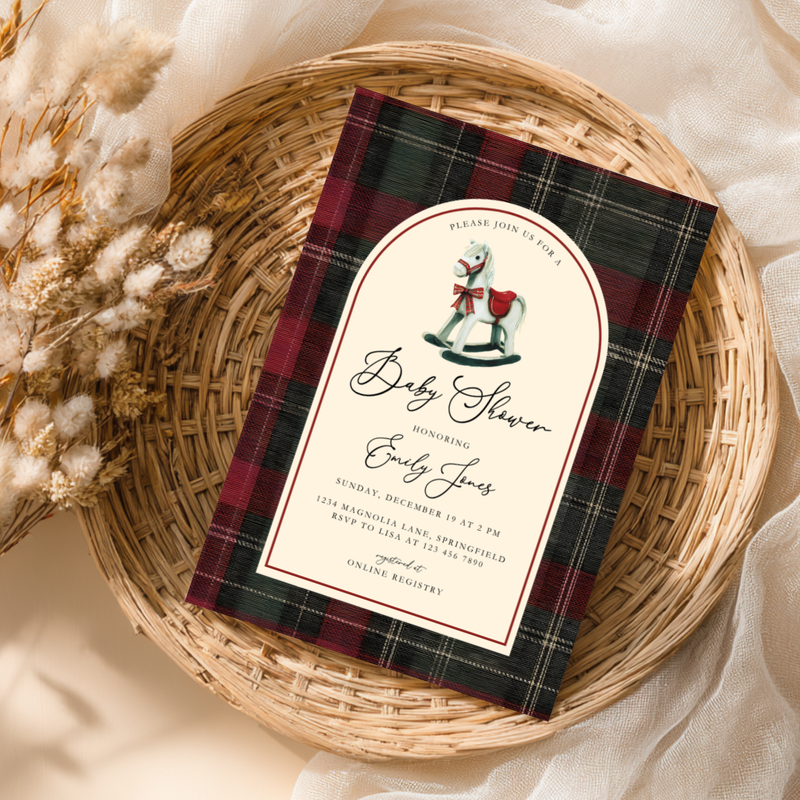 Rocking Horse Classic Plaid Baby Shower Invitation BS269
