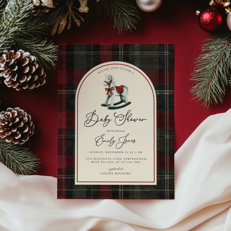 Rocking Horse Classic Plaid Baby Shower Invitation BS269