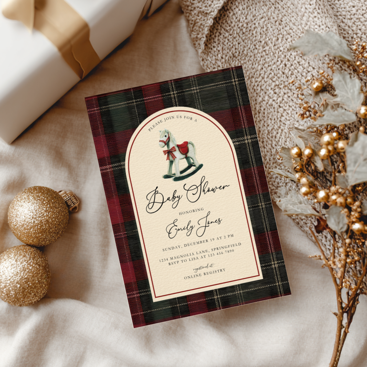 Rocking Horse Classic Plaid Baby Shower Invitation BS269