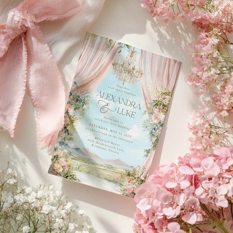 Editable Romantic Floral Wedding Invitation with Outdoor Scenery L55
