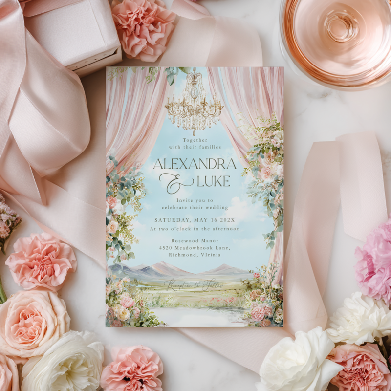 Editable Romantic Floral Wedding Invitation with Outdoor Scenery L55
