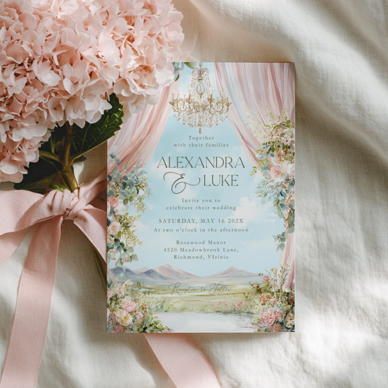 Editable Romantic Floral Wedding Invitation with Outdoor Scenery L55