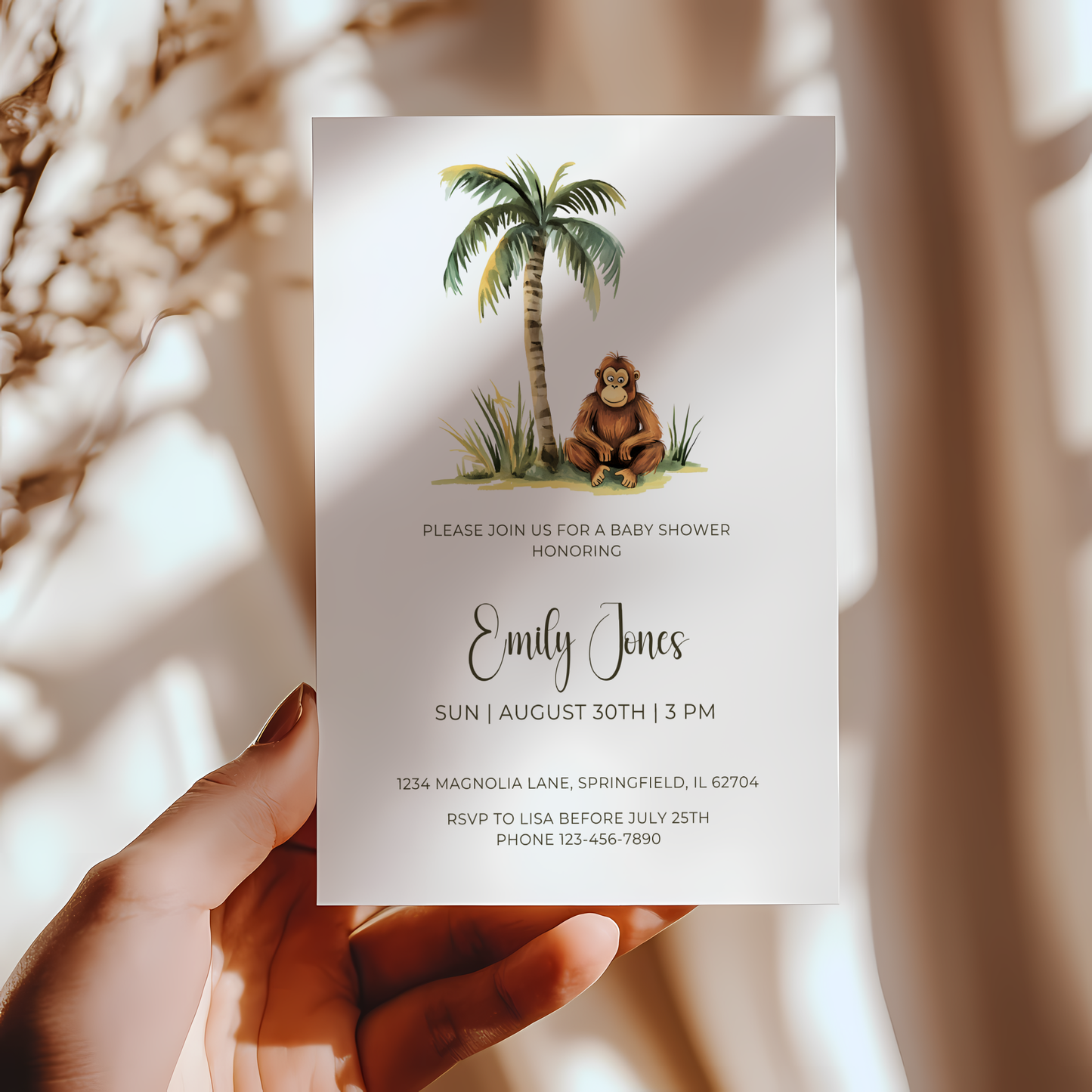 Baby Shower Invitation - Safari Monkey Little Wild One BS136