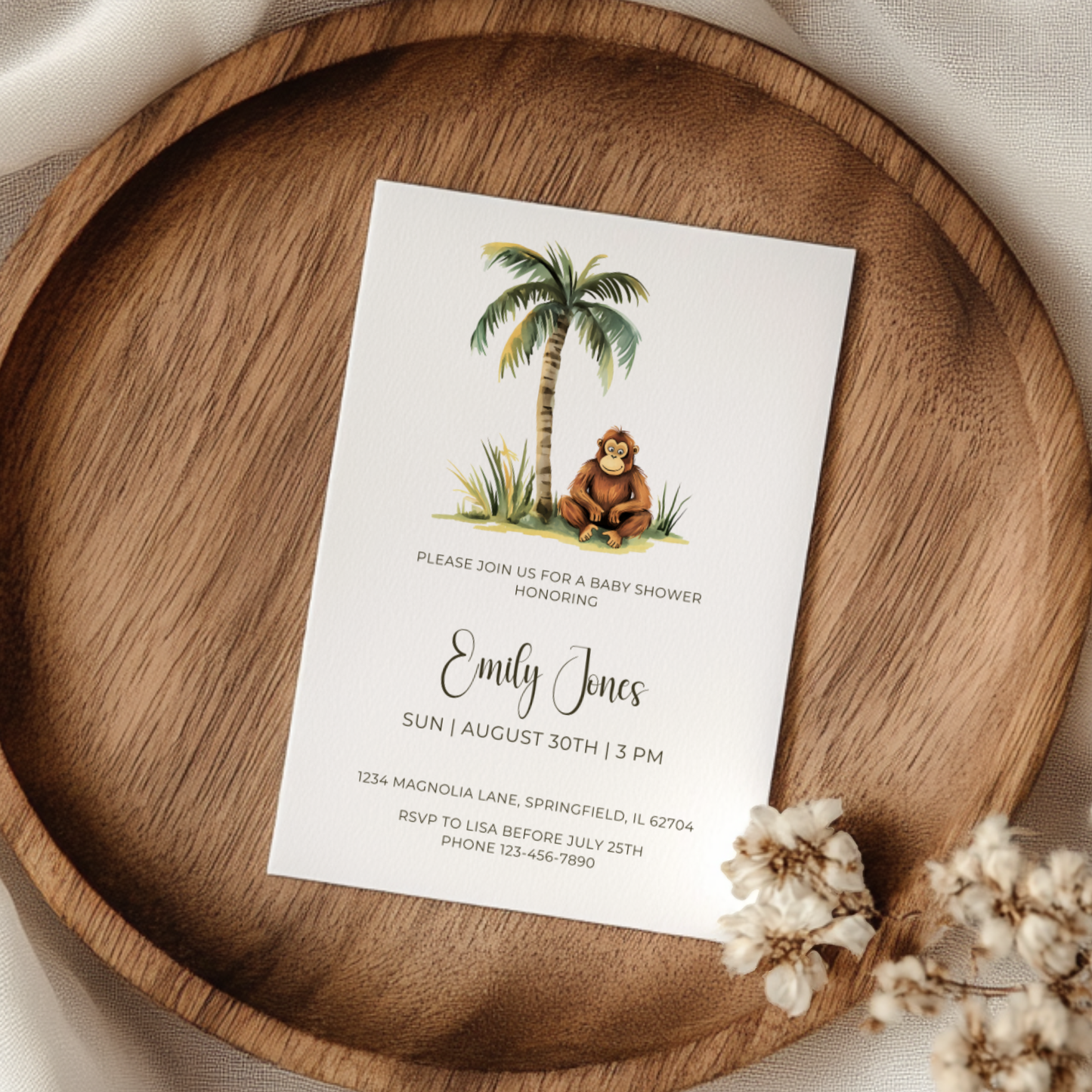 Baby Shower Invitation - Safari Monkey Little Wild One BS136