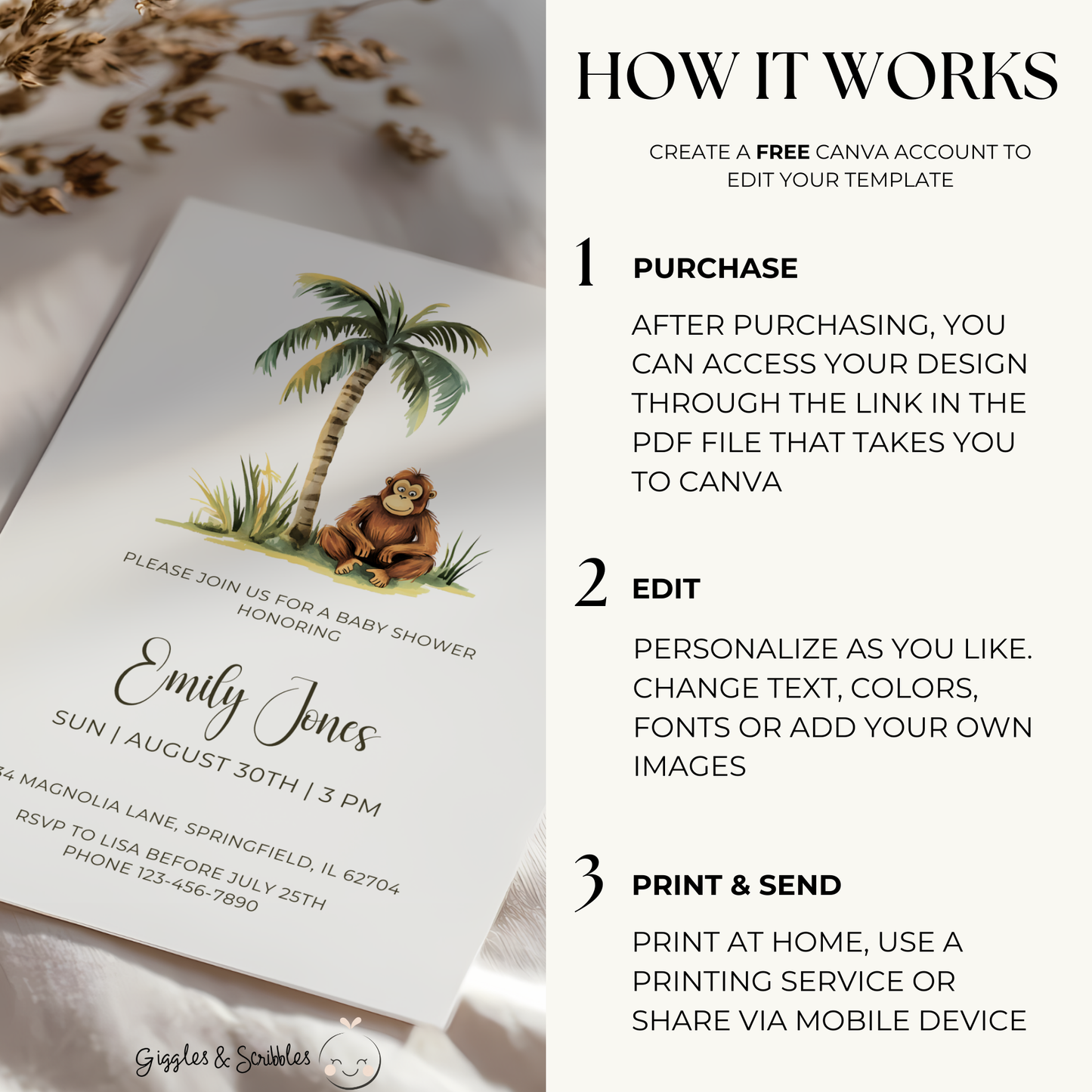 Baby Shower Invitation - Safari Monkey Little Wild One BS136