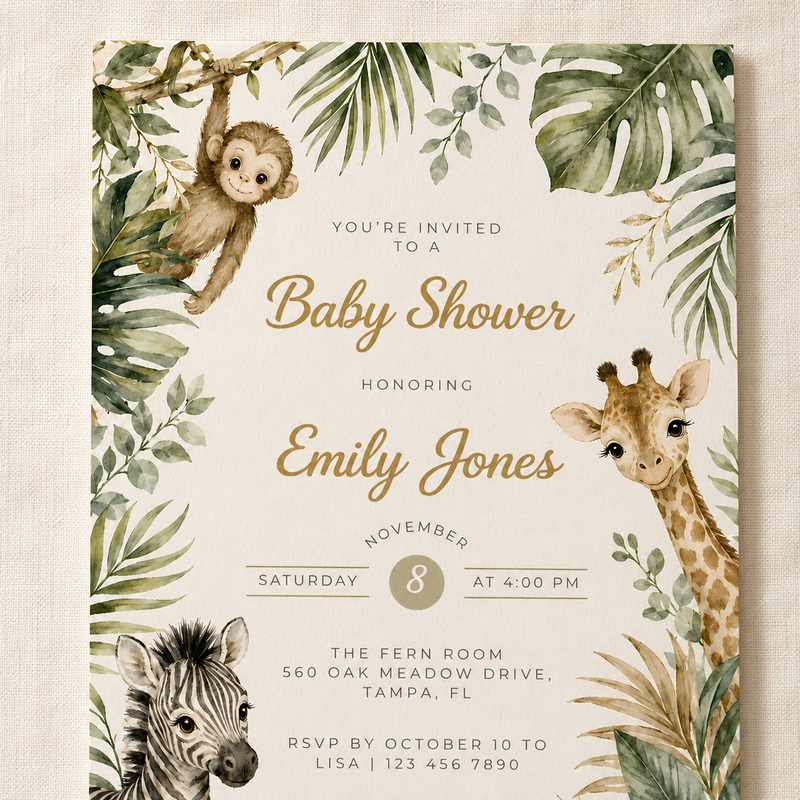 Safari Baby Shower Invitation with Jungle Animals BS319