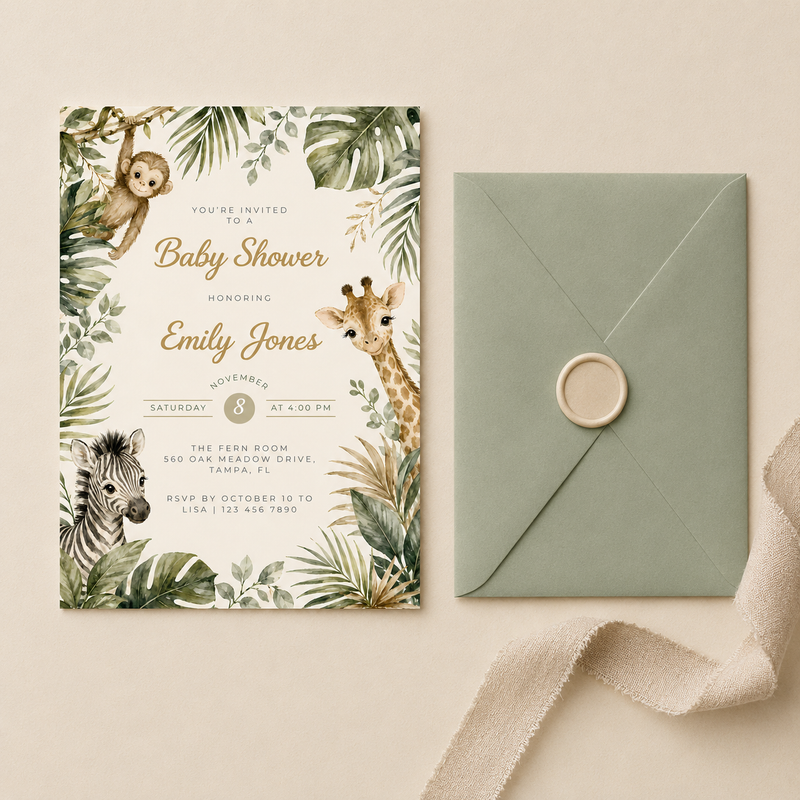 Safari Baby Shower Invitation with Jungle Animals BS319