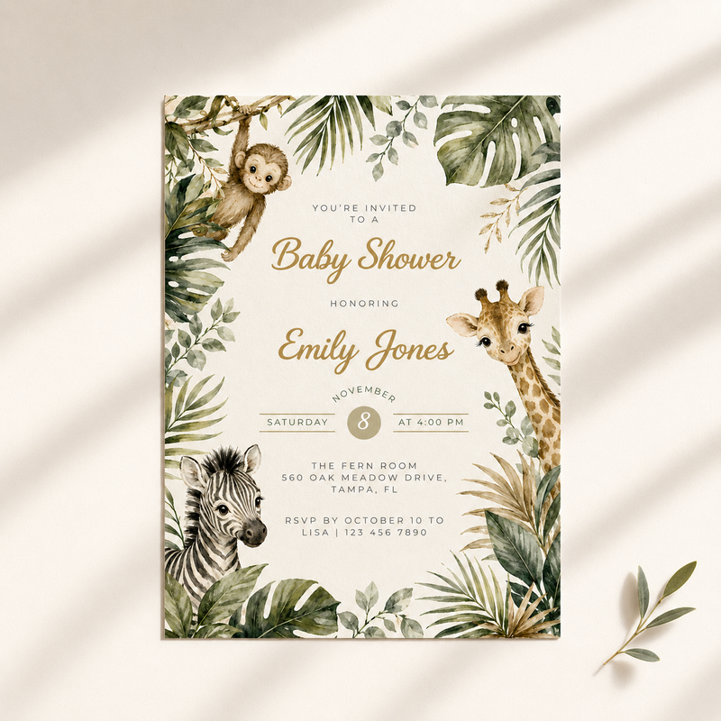 Safari Baby Shower Invitation with Jungle Animals BS319