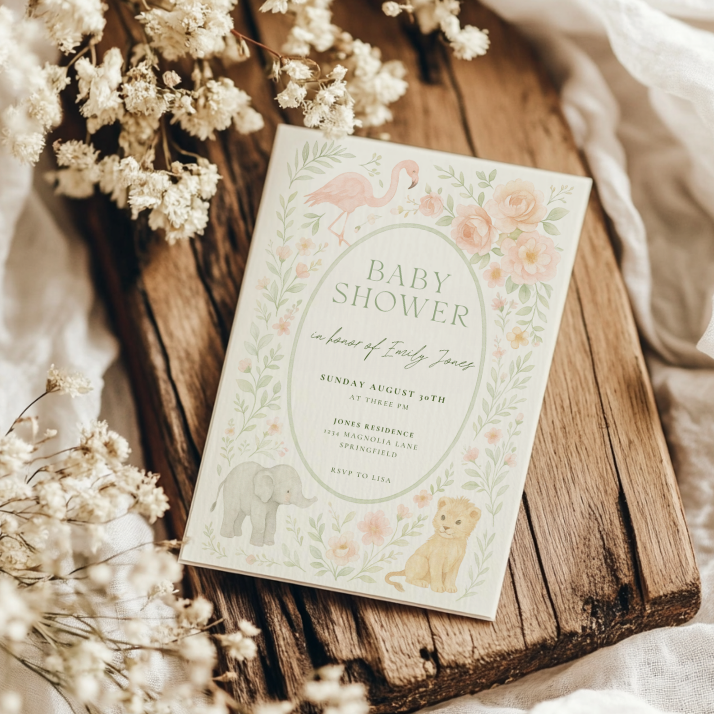 Baby Shower Invitation - Safari Girl Pastel Floral BS193