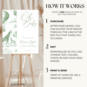 Baby Shower Welcome Sign - Sage Green Safari Toile de Jouy BS121