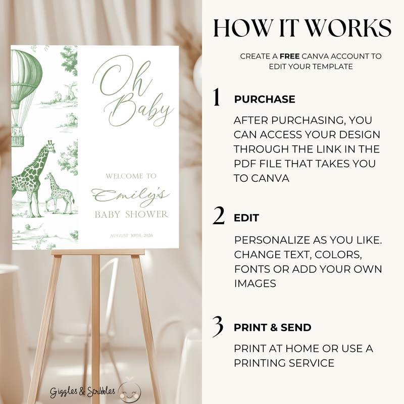 Baby Shower Welcome Sign - Sage Green Safari Toile de Jouy BS121