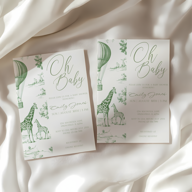 Baby Shower Invitation - Green Safari Toile de Jouy BS121
