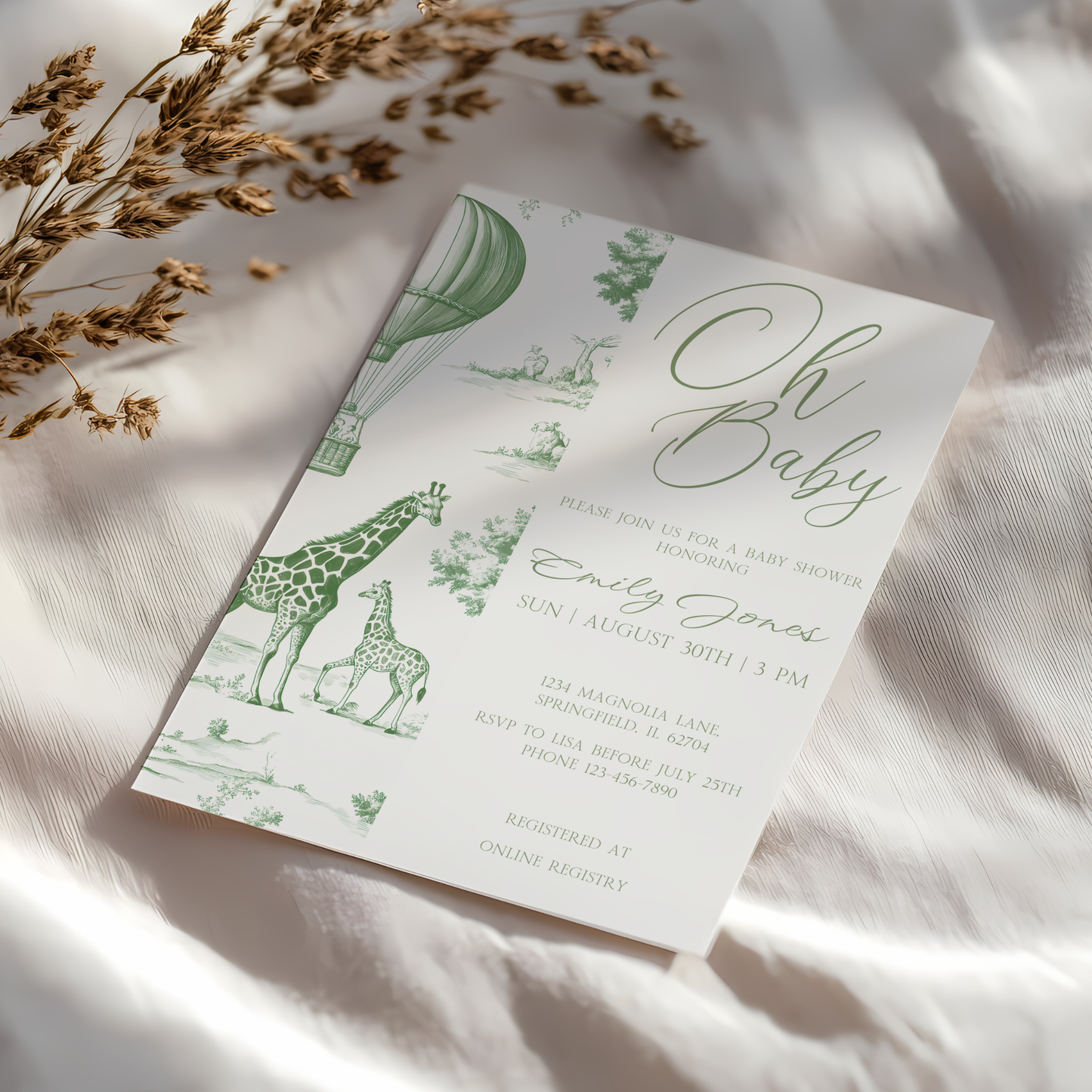 Baby Shower Invitation - Green Safari Toile de Jouy BS121