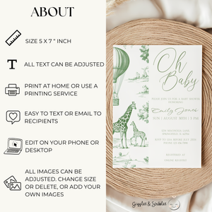 Baby Shower Invitation - Green Safari Toile de Jouy BS121