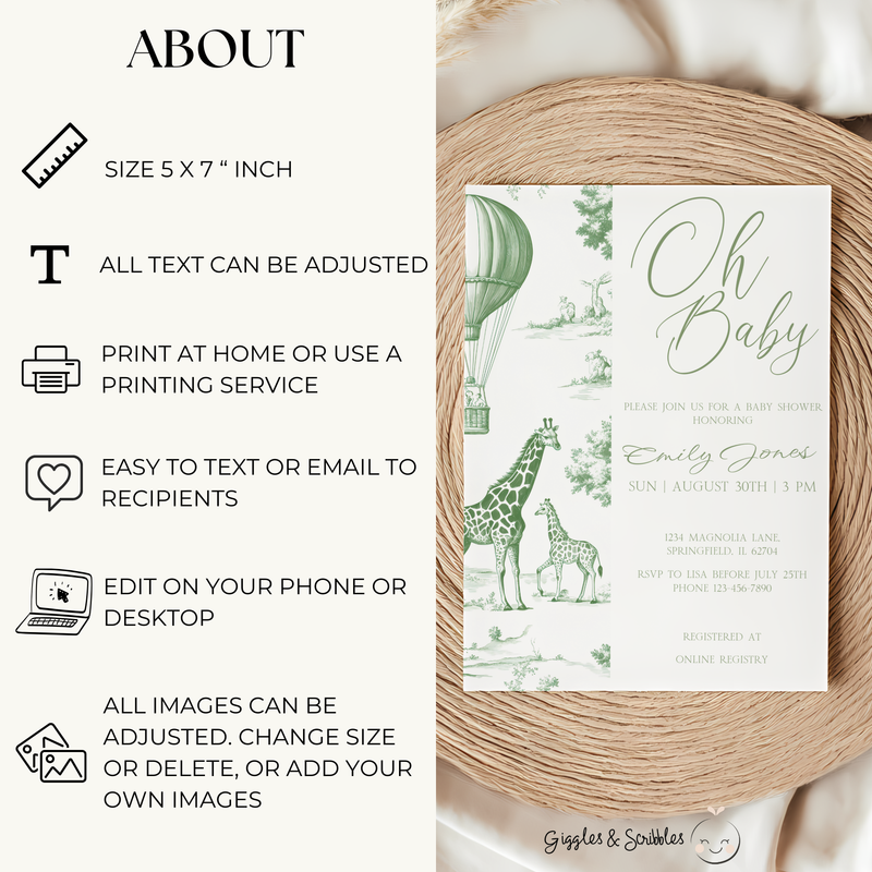 Baby Shower Invitation - Green Safari Toile de Jouy BS121