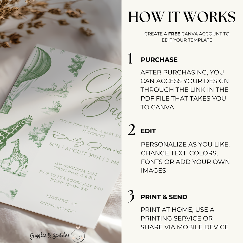 Baby Shower Invitation - Green Safari Toile de Jouy BS121