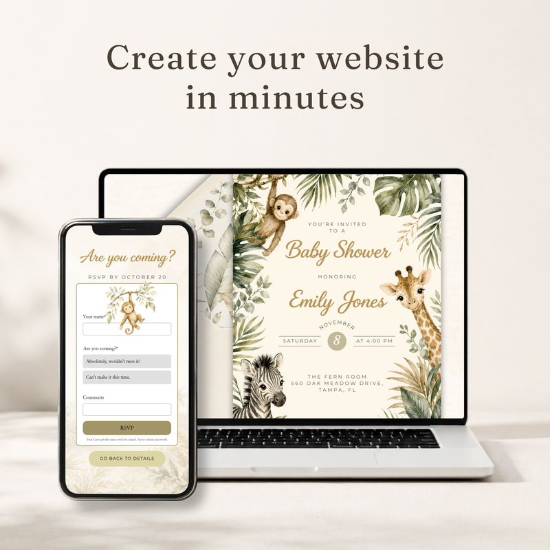 Safari Baby Shower Website Invitation with RSVP Tracker BS319