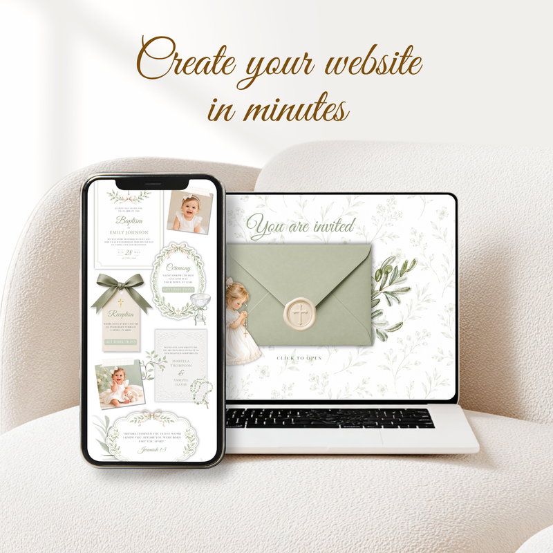 Sage Green Baptism Website Invitation with RSVP - Girl L143
