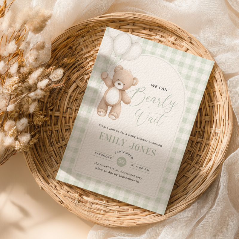 Sage Green Gingham Bear Baby Shower Invitation - We Can Bearly Wait BS295