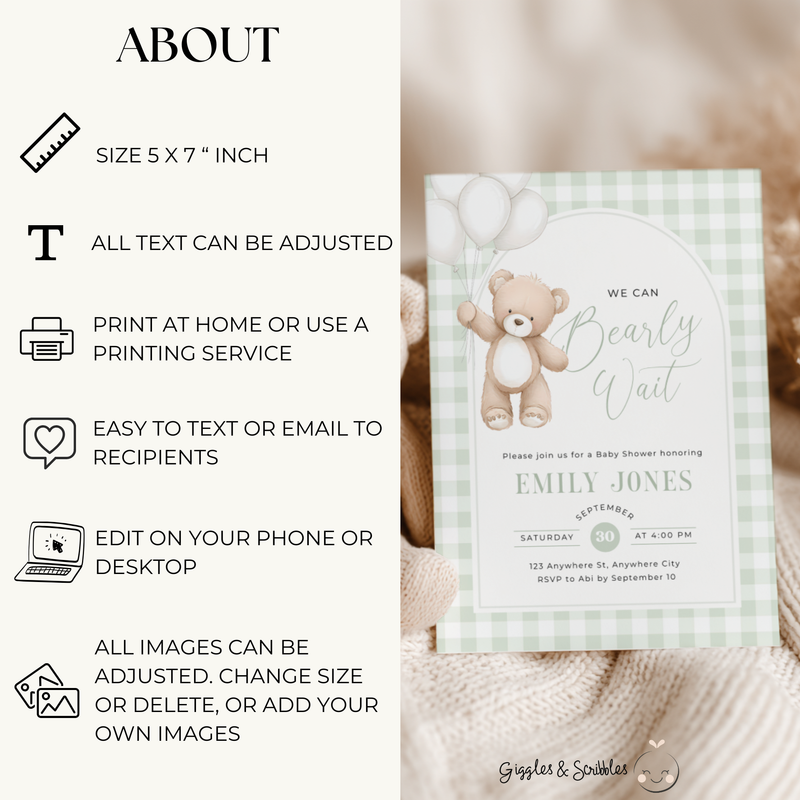Sage Green Gingham Bear Baby Shower Invitation - We Can Bearly Wait BS295