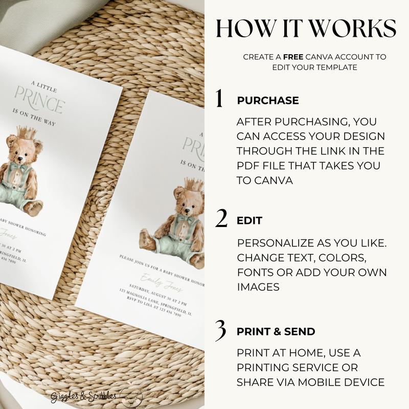 Sage Green Bear Baby Shower Invitation - Little Prince Theme BS294
