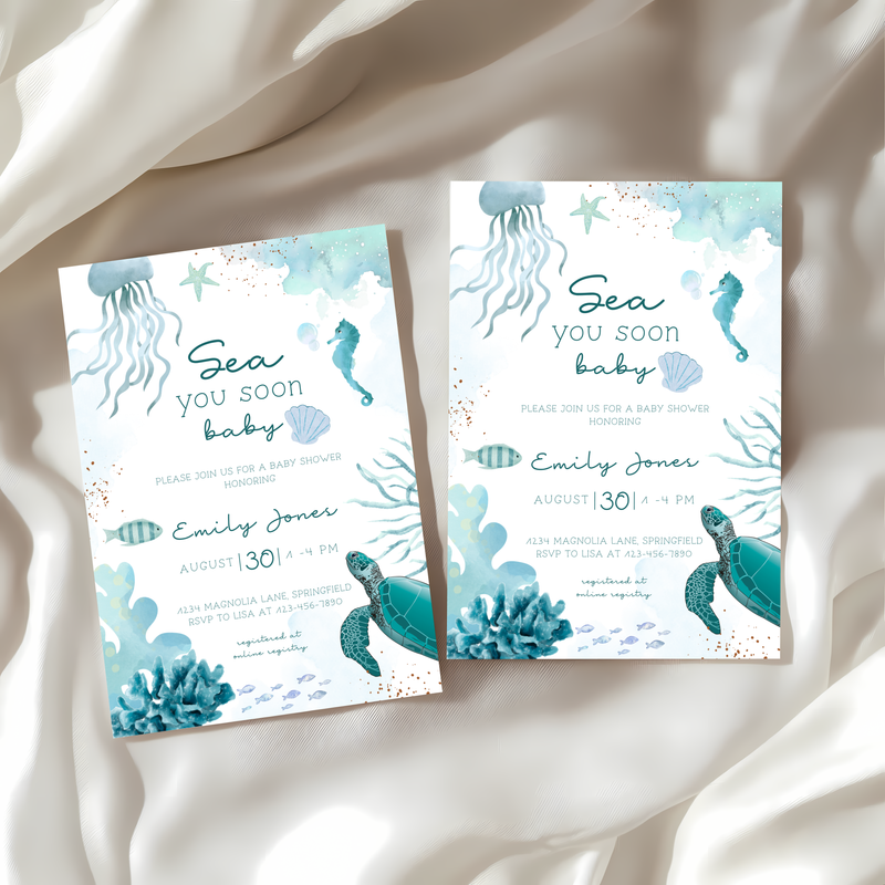 Baby Shower Invitation - Sea You Soon Baby Under The Sea Animals BS158